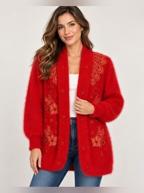 Big star Vintage Red 80% Angora Wool Embroidered Beaded Fuzzy Cardigan Coat